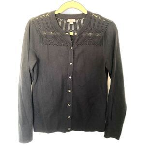 Eddie Bauer Black Crochet Eyelet Knit Crew Neck Long Sleeve Cardigan Sweater S